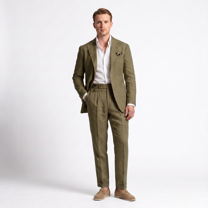 Casual 2 Pieces Mens Suit Flat Linen Notch Lapel Suit (Blazer + Pants) Mens Event Wear