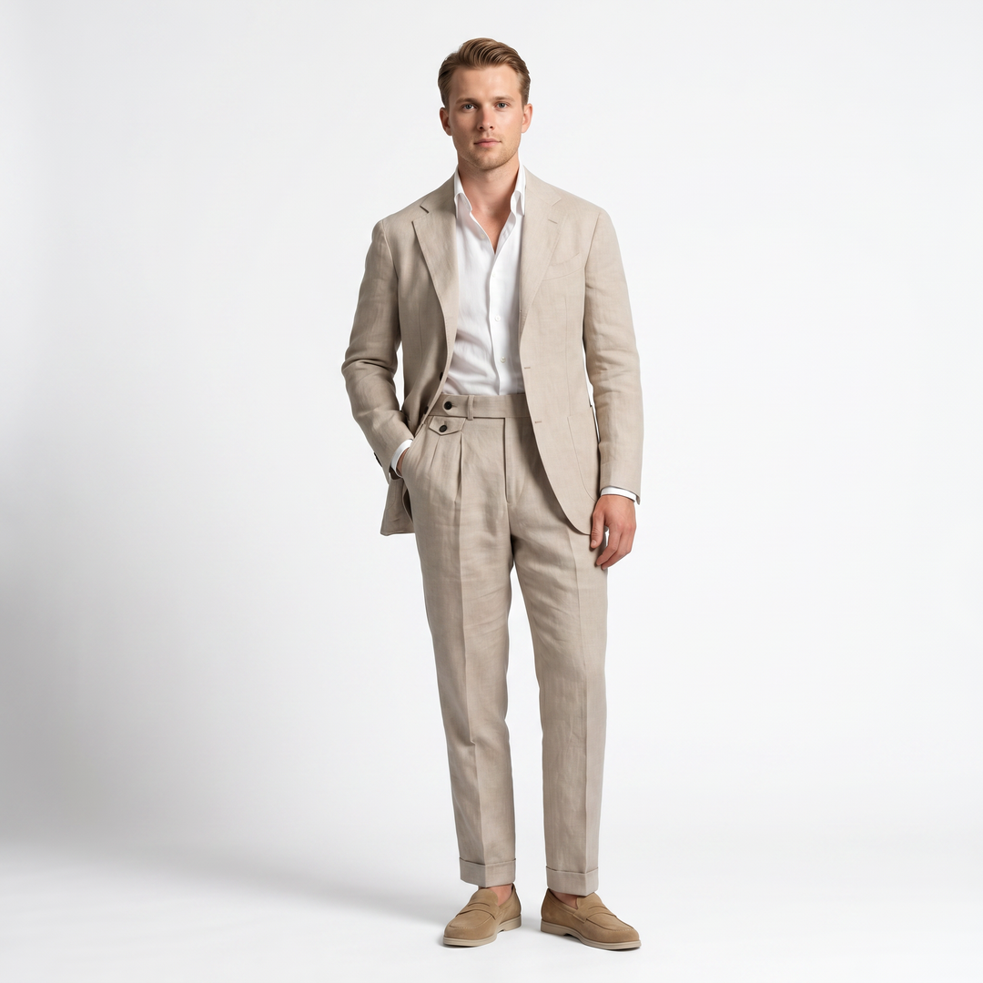 Casual 2 Pieces Mens Suit Flat Linen Notch Lapel Suit (Blazer + Pants) Mens Event Wear