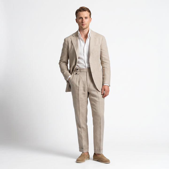 Casual 2 Pieces Mens Suit Flat Linen Notch Lapel Suit (Blazer + Pants) Mens Event Wear
