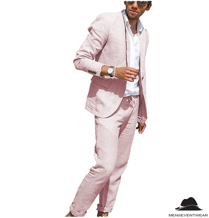 Casual 2 Pieces Mens Suit Flat Linen Notch Lapel Suit (Blazer + Pants) mens event wear