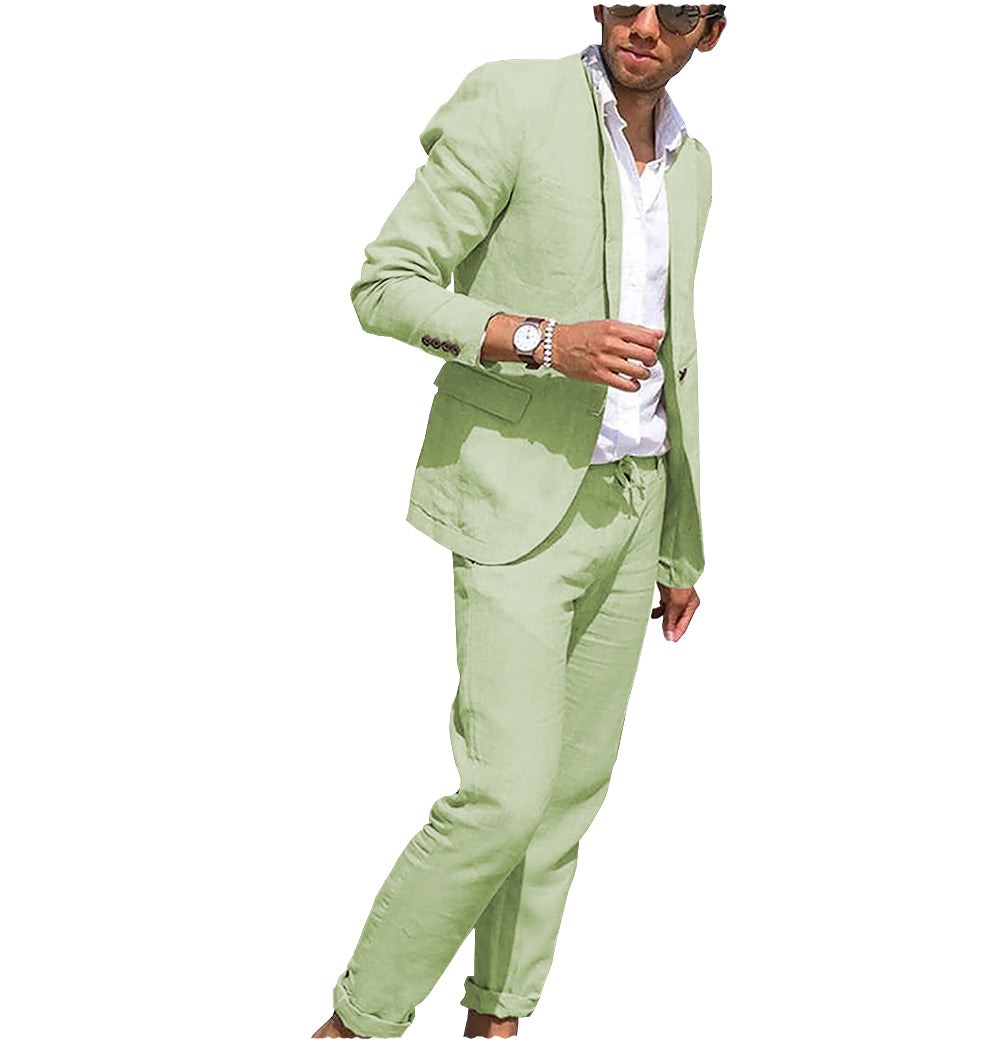 Casual 2 Pieces Mens Suit Flat Linen Notch Lapel Suit (Blazer + Pants) mens event wear