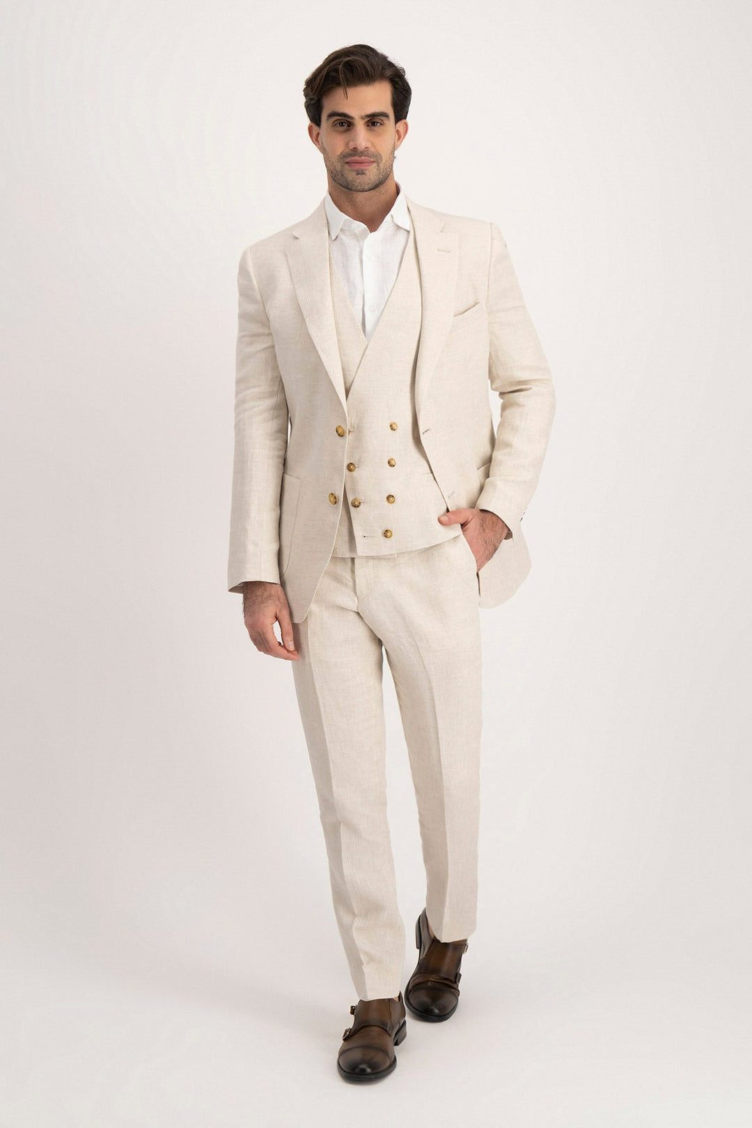 Casual 3 Pieces Mens Suit Flat Linen Notch Lapel Suit(Blazer+Vest+ Pant) mens event wear