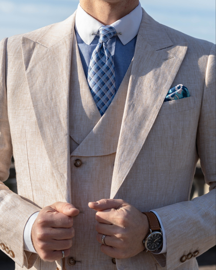 Casual 3 Pieces Mens Suit Flat Linen Peak Lapel Suit(Blazer+Vest+ Pant) mens event wear