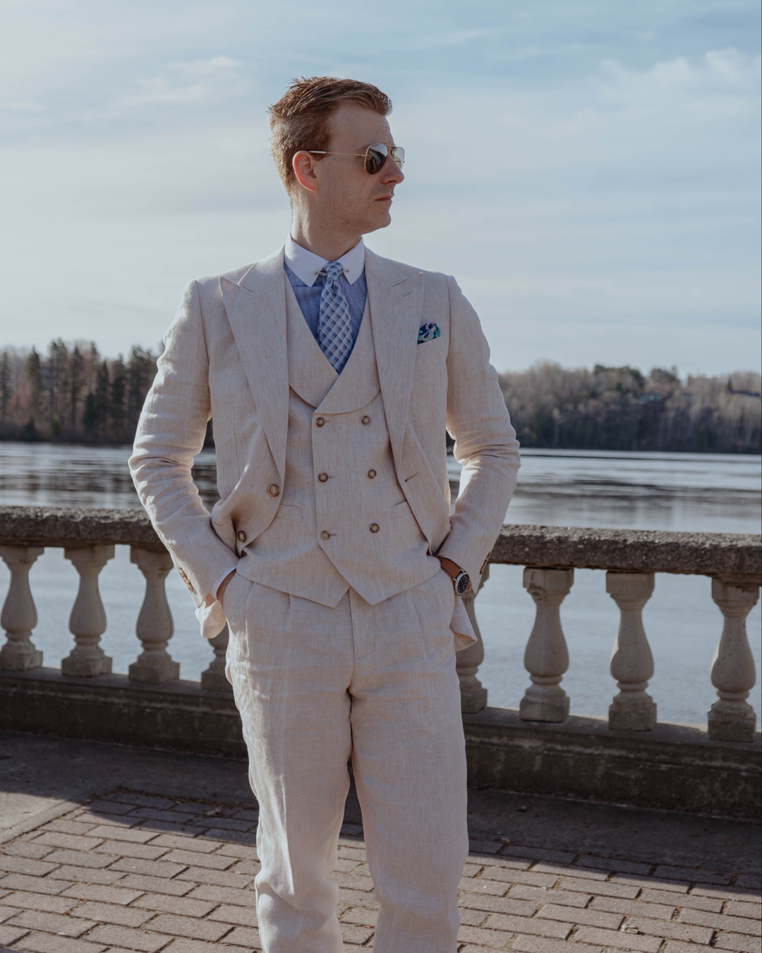 Casual 3 Pieces Mens Suit Flat Linen Peak Lapel Suit(Blazer+Vest+ Pant) mens event wear