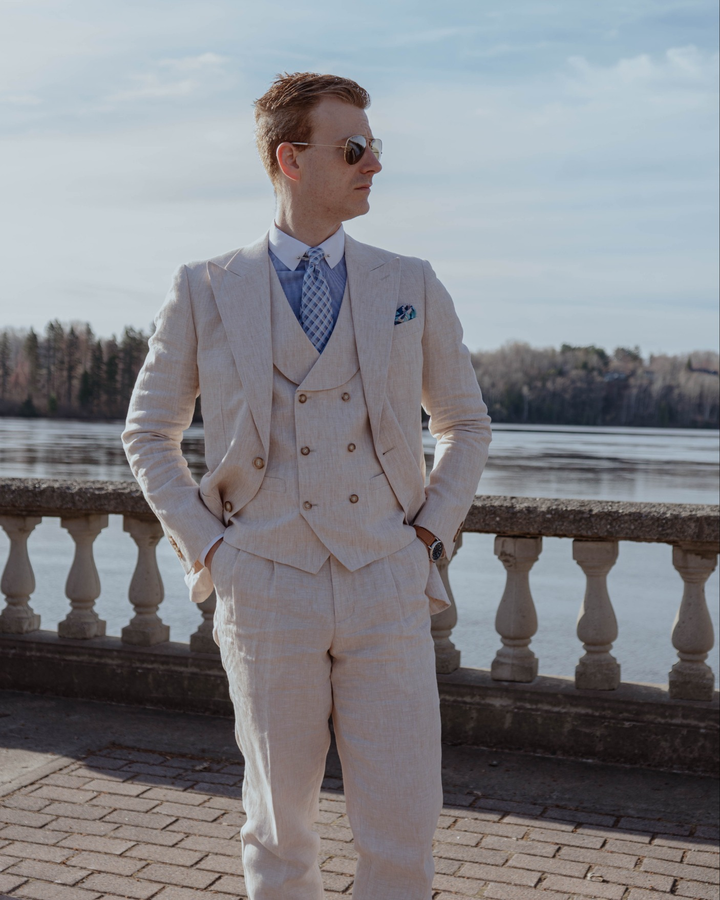 Casual 3 Pieces Mens Suit Flat Linen Peak Lapel Suit(Blazer+Vest+ Pant) mens event wear