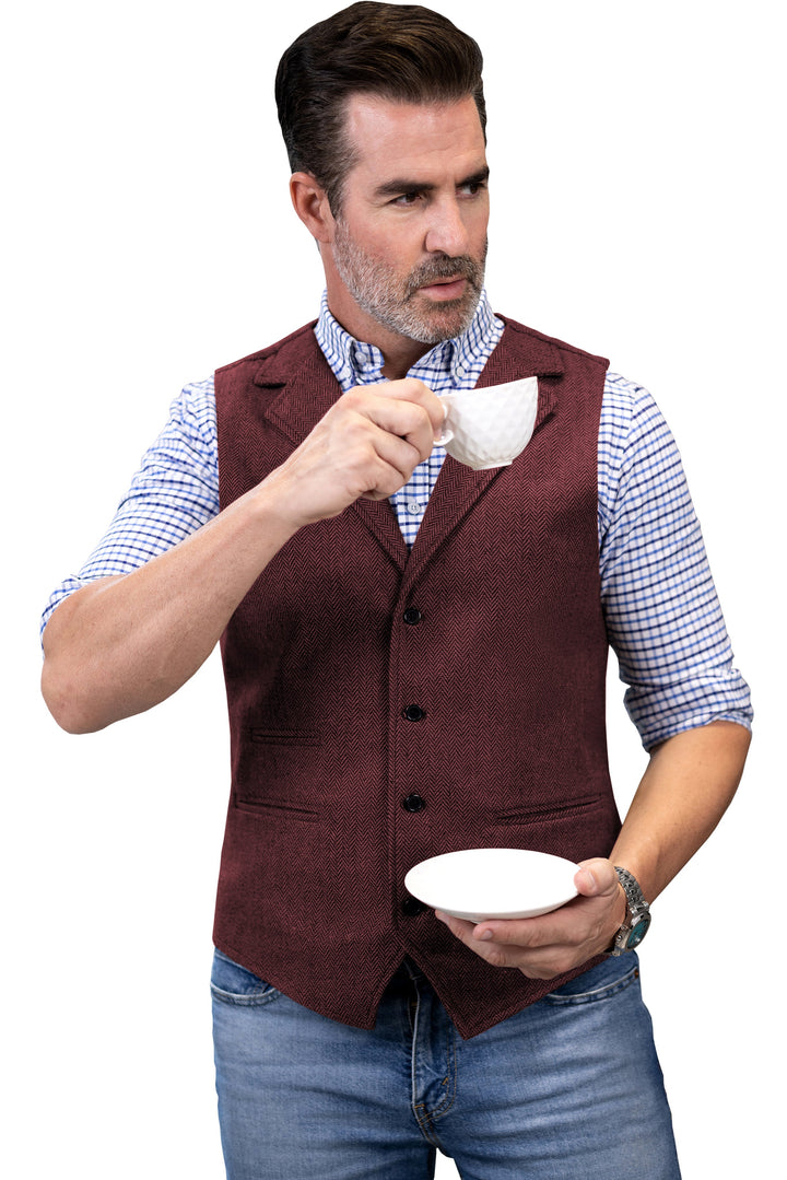 Casual Men's Classic Slim Fit Tweed Herringbone Notch Lapel Waistcoat mens event wear