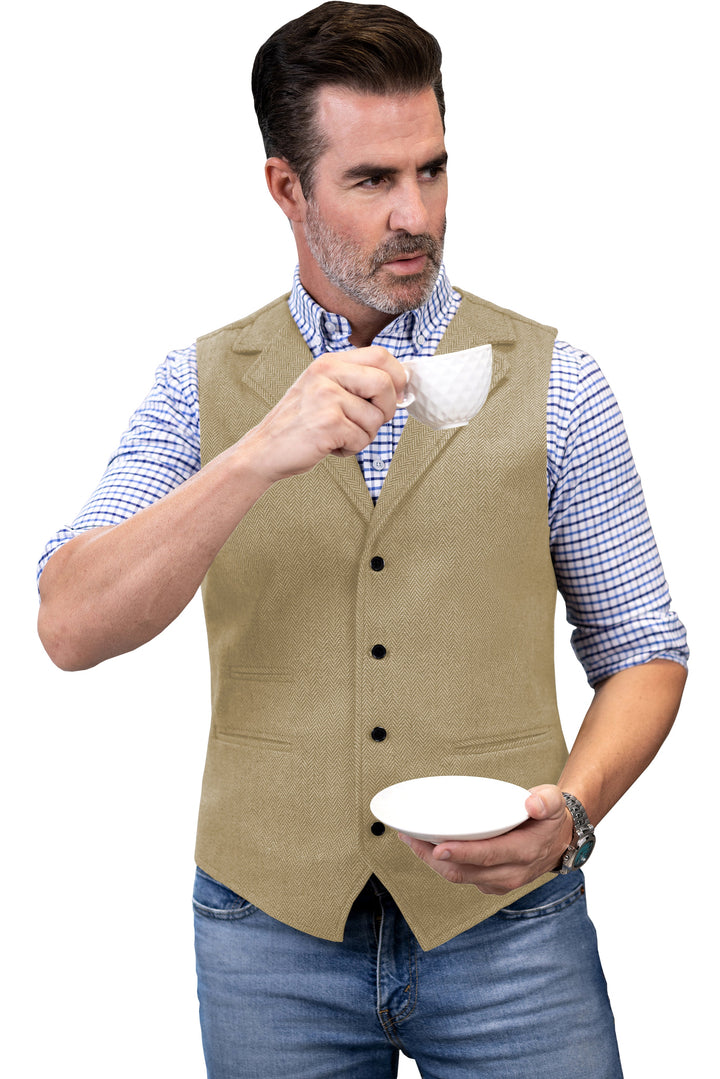 Casual Men's Classic Slim Fit Tweed Herringbone Notch Lapel Waistcoat mens event wear