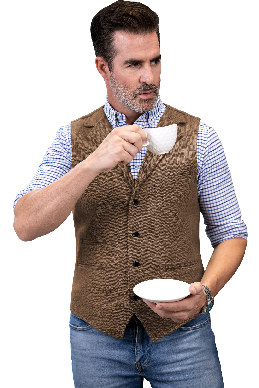 Casual Men's Classic Slim Fit Tweed Herringbone Notch Lapel Waistcoat mens event wear