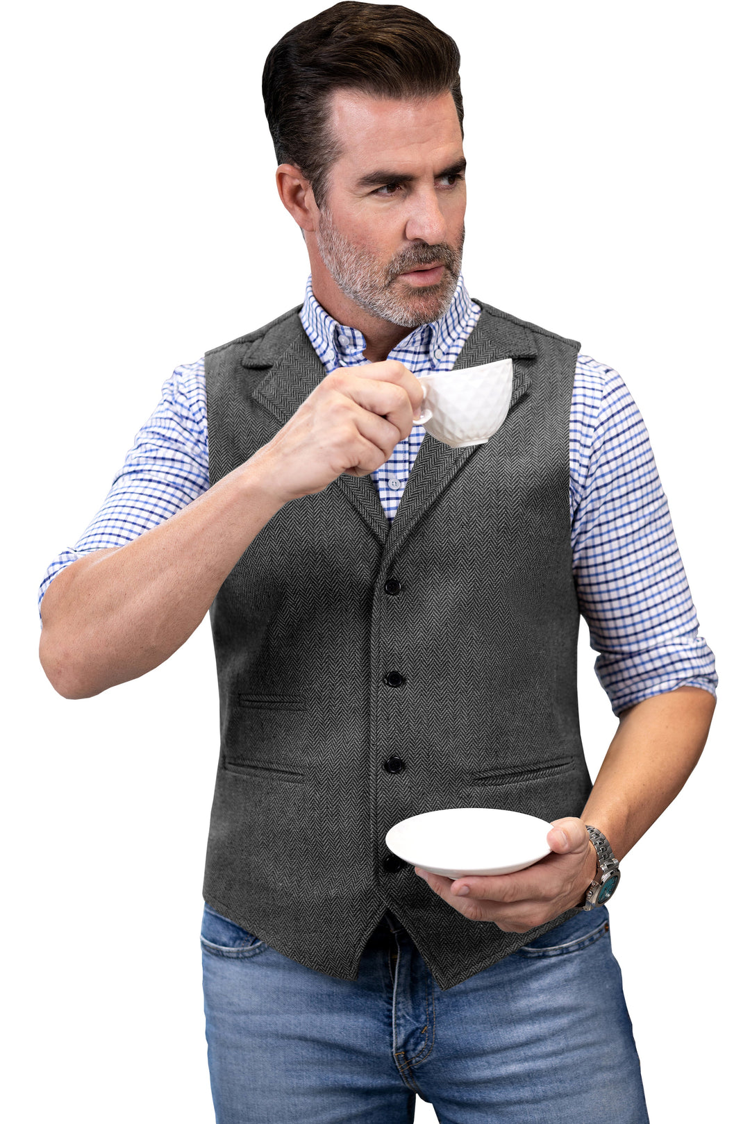 Casual Men's Classic Slim Fit Tweed Herringbone Notch Lapel Waistcoat mens event wear