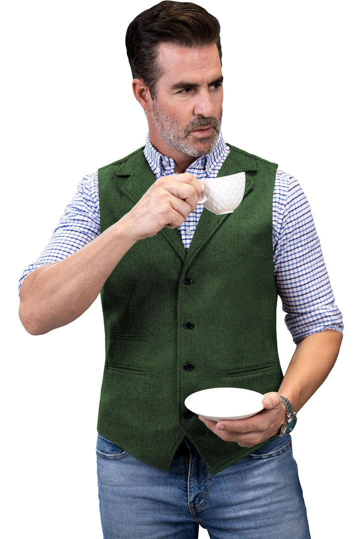 Casual Men's Classic Slim Fit Tweed Herringbone Notch Lapel Waistcoat mens event wear