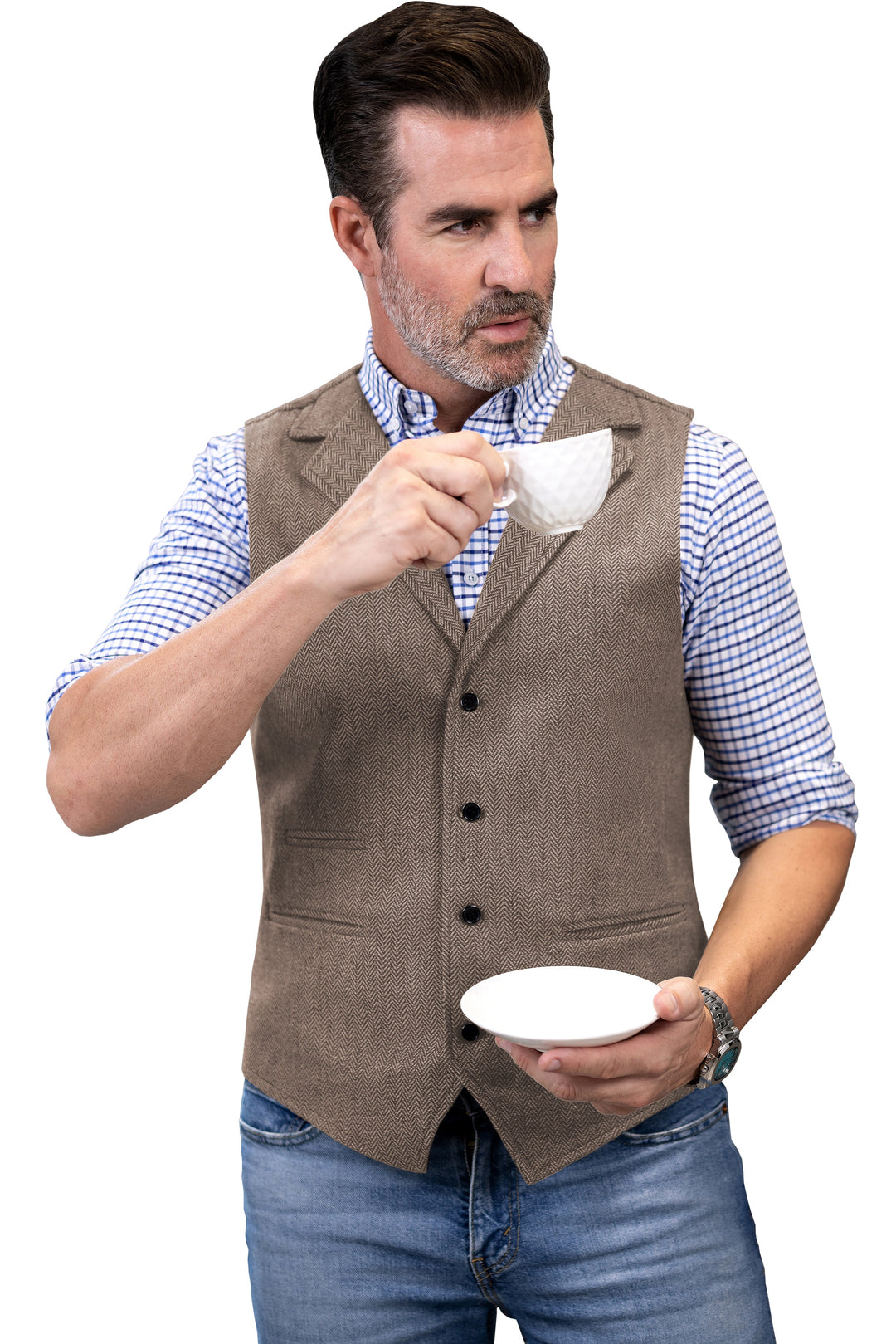 Casual Men's Classic Slim Fit Tweed Herringbone Notch Lapel Waistcoat mens event wear