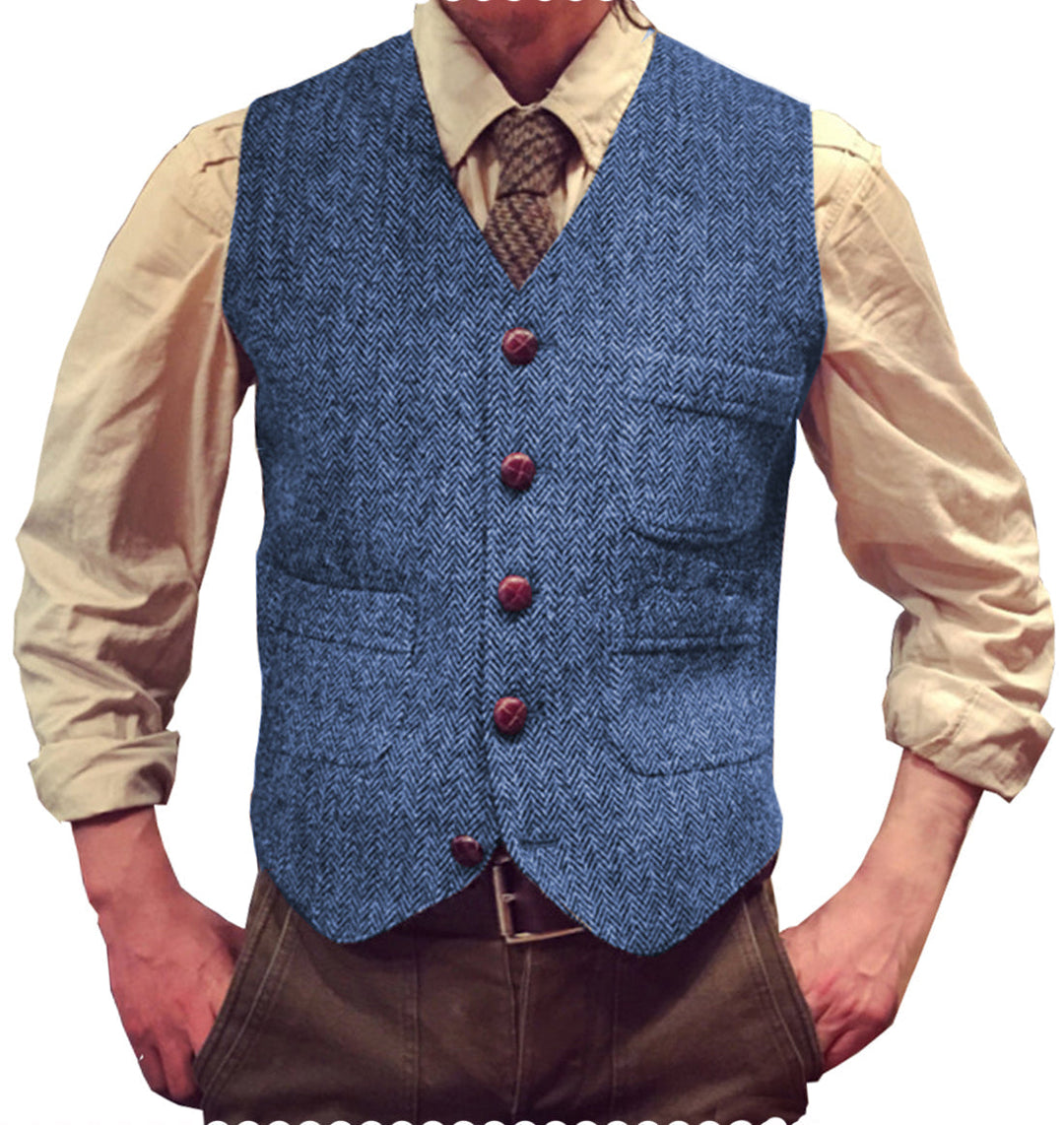 Casual Men's Classic Slim Fit Tweed Herringbone V Neck Waistcoat mens event wear