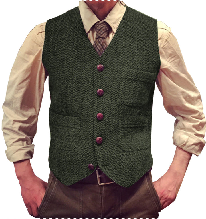 Casual Men's Classic Slim Fit Tweed Herringbone V Neck Waistcoat mens event wear