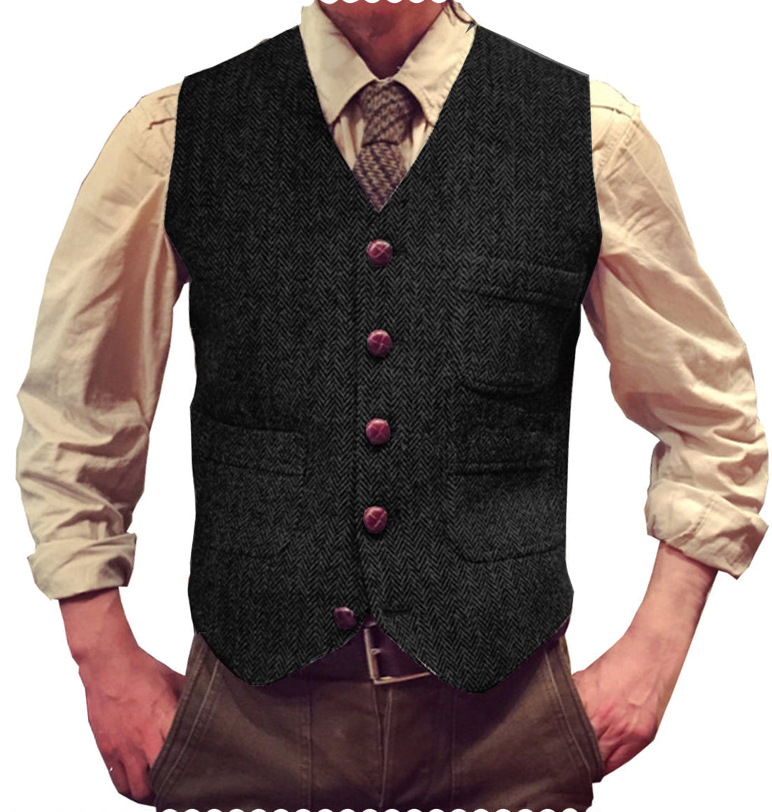 Casual Men's Classic Slim Fit Tweed Herringbone V Neck Waistcoat mens event wear