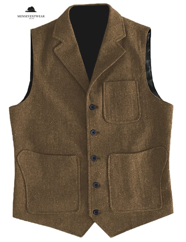 Casual Men's Classic Tweed Herringbone Notch Lapel Waistcoat menseventwear