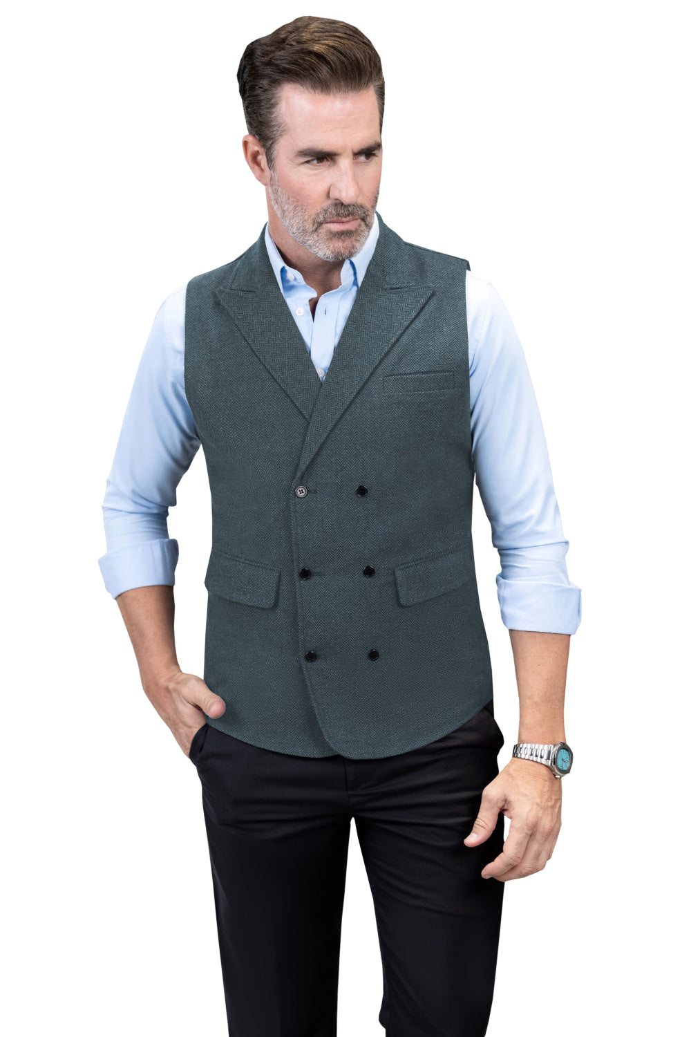 Casual Men's Classic Tweed Herringbone Peak Lapel Waistcoat mens event wear