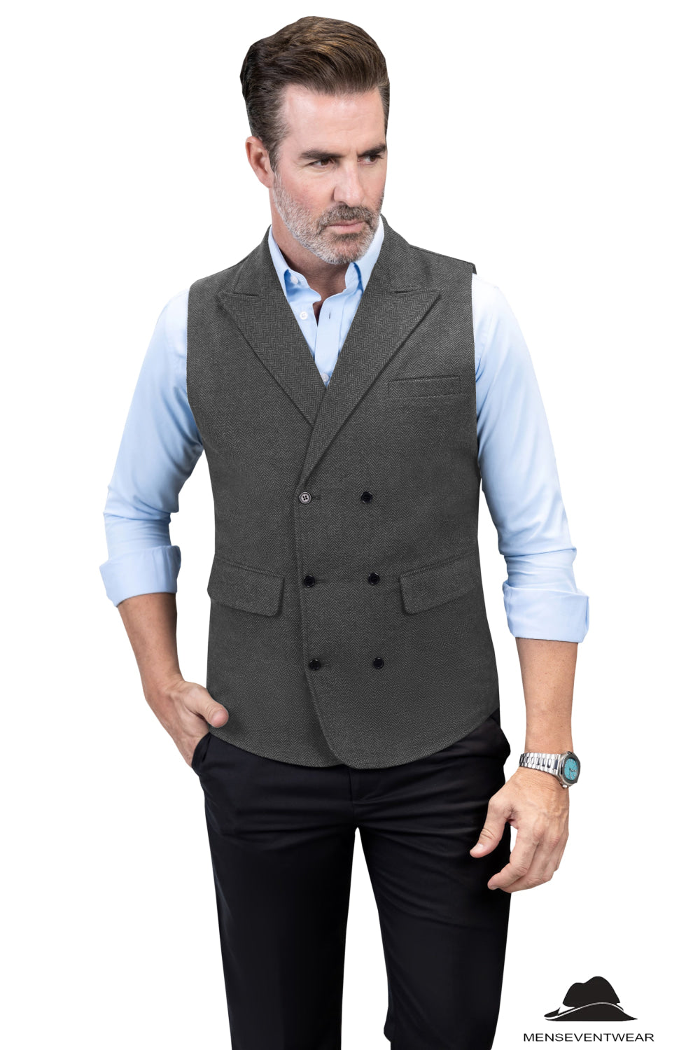 Casual Men's Classic Tweed Herringbone Peak Lapel Waistcoat mens event wear