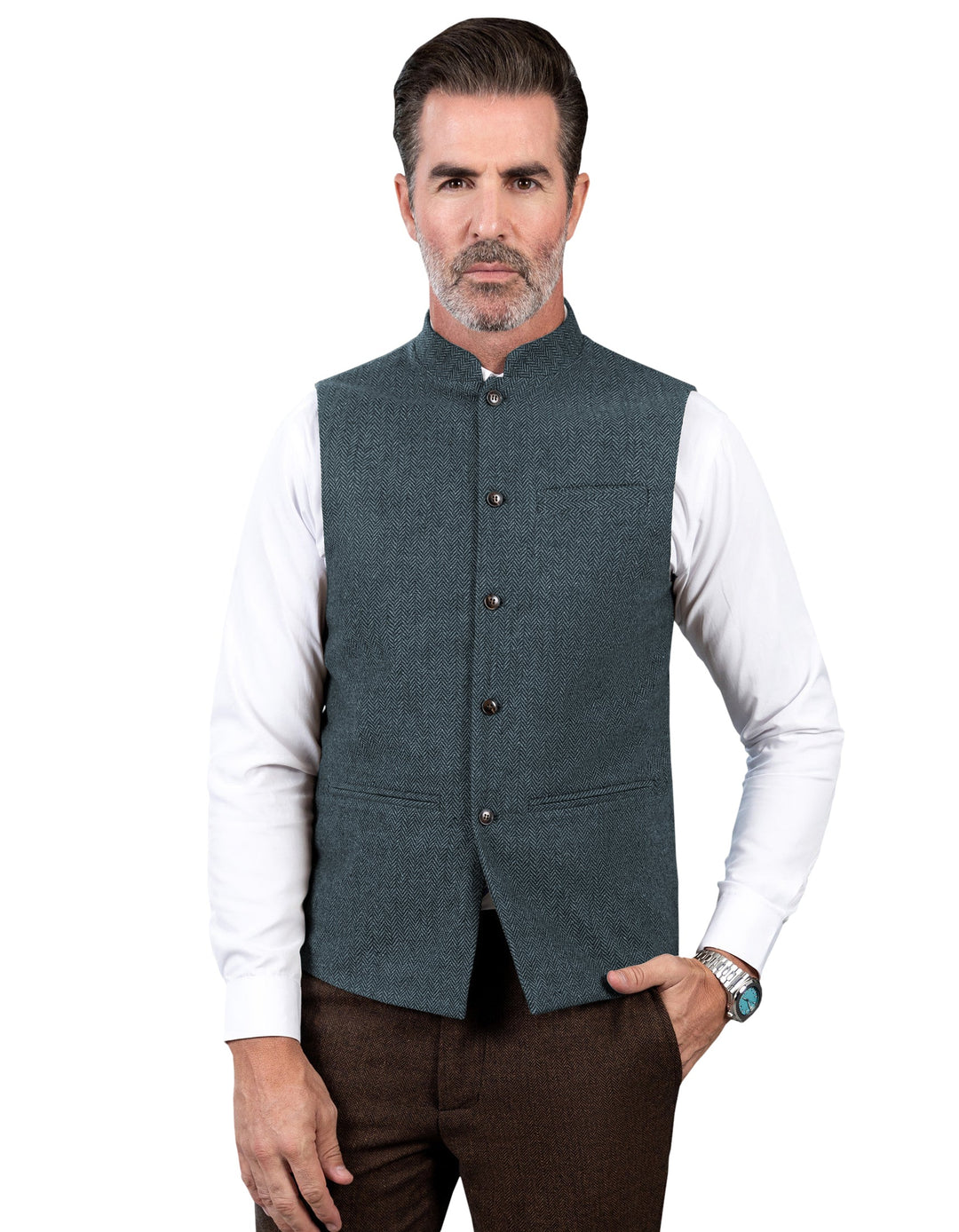 Casual Men's Slim Fit herringbone Stand Collar Waistcoat mens event wear