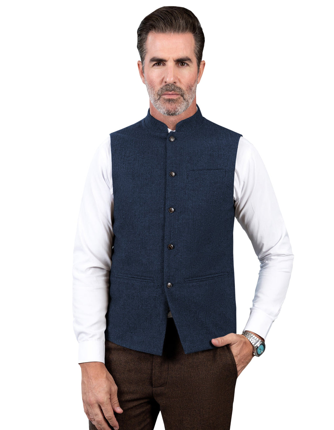 Casual Men's Slim Fit herringbone Stand Collar Waistcoat mens event wear