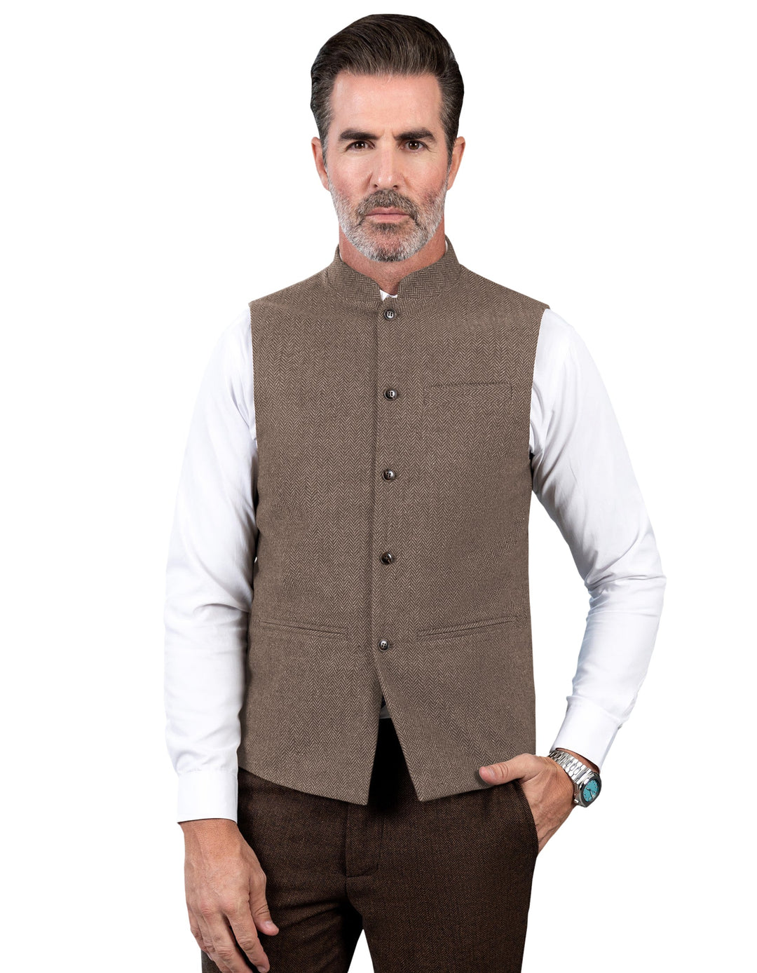 Casual Men's Slim Fit herringbone Stand Collar Waistcoat mens event wear