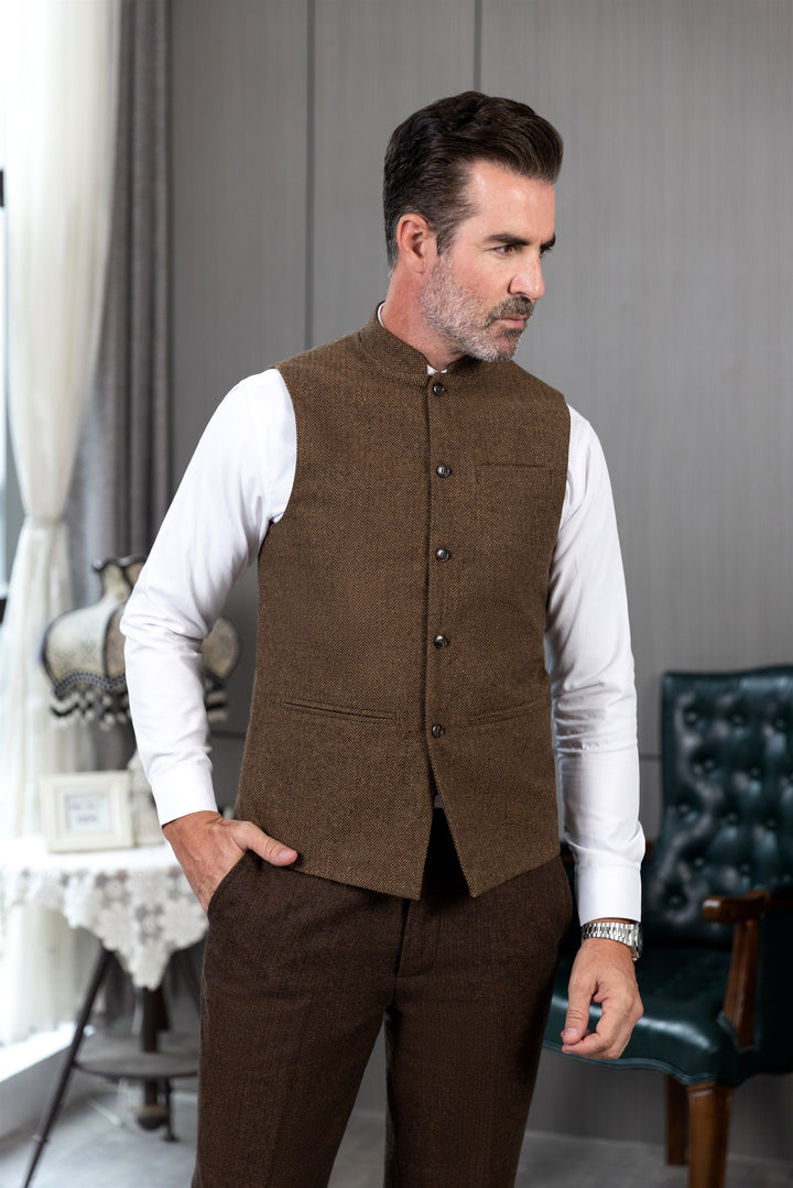 Casual Men's Slim Fit herringbone Stand Collar Waistcoat mens event wear