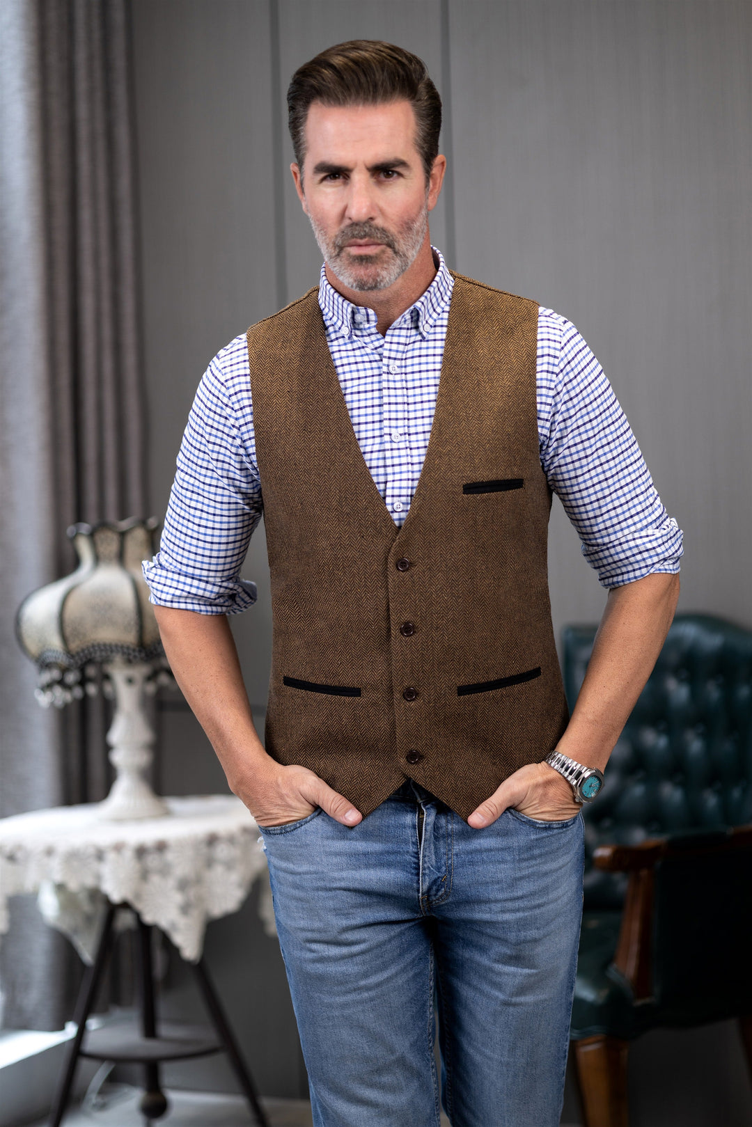 Casual Mens Classic Slim Fit Tweed Herringbone V Neck Waistcoat mens event wear