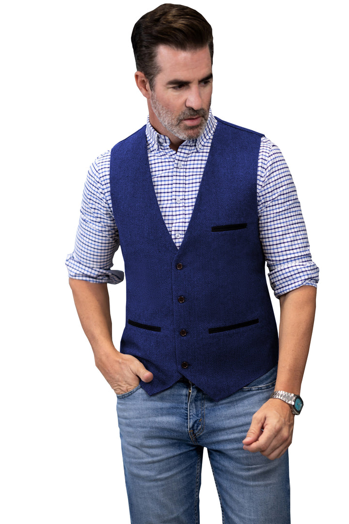 Casual Mens Classic Slim Fit Tweed Herringbone V Neck Waistcoat mens event wear