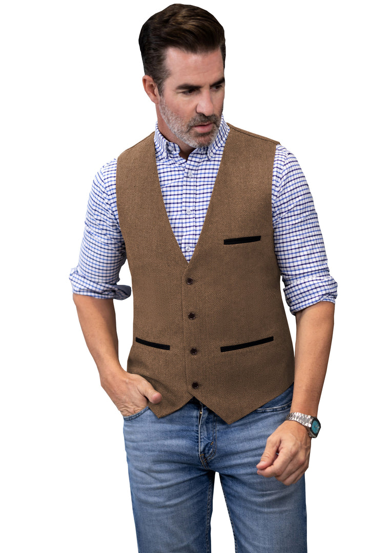 Casual Mens Classic Slim Fit Tweed Herringbone V Neck Waistcoat mens event wear