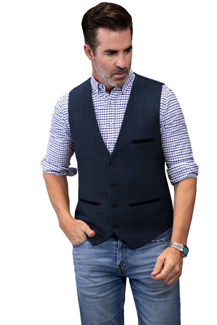 Casual Mens Classic Slim Fit Tweed Herringbone V Neck Waistcoat mens event wear