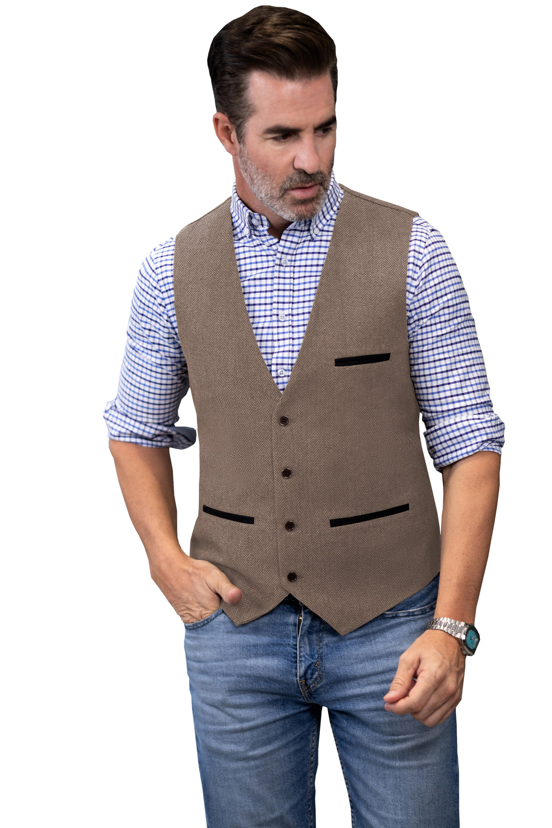 Casual Mens Classic Slim Fit Tweed Herringbone V Neck Waistcoat mens event wear