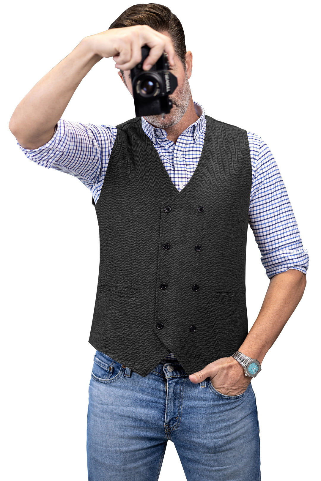 Casual Mens Classic Slim Fit Tweed Herringbone V Neck Waistcoat mens event wear