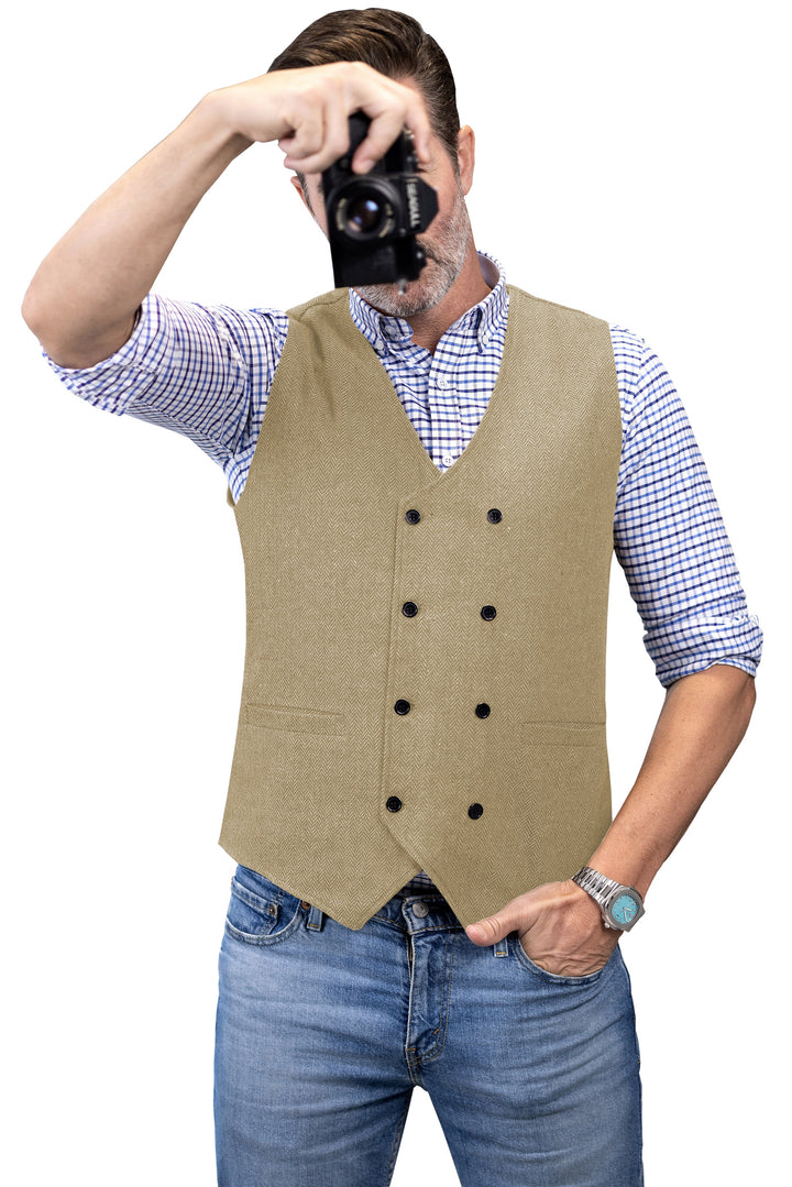 Casual Mens Classic Slim Fit Tweed Herringbone V Neck Waistcoat mens event wear