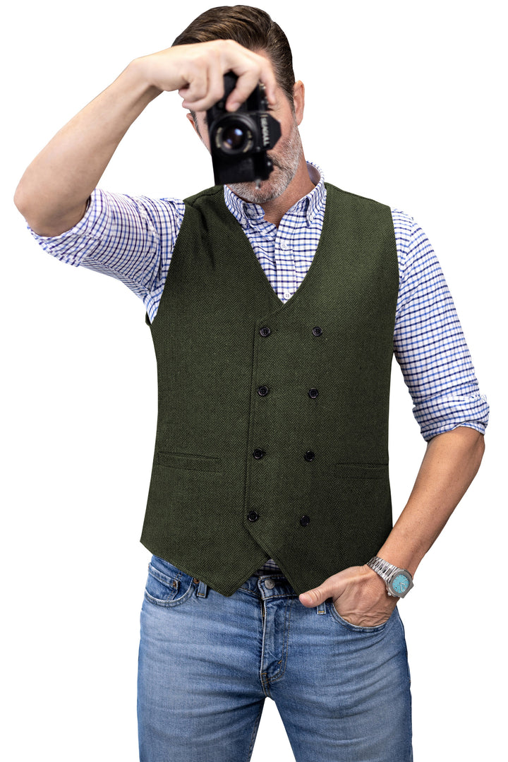 Casual Mens Classic Slim Fit Tweed Herringbone V Neck Waistcoat mens event wear