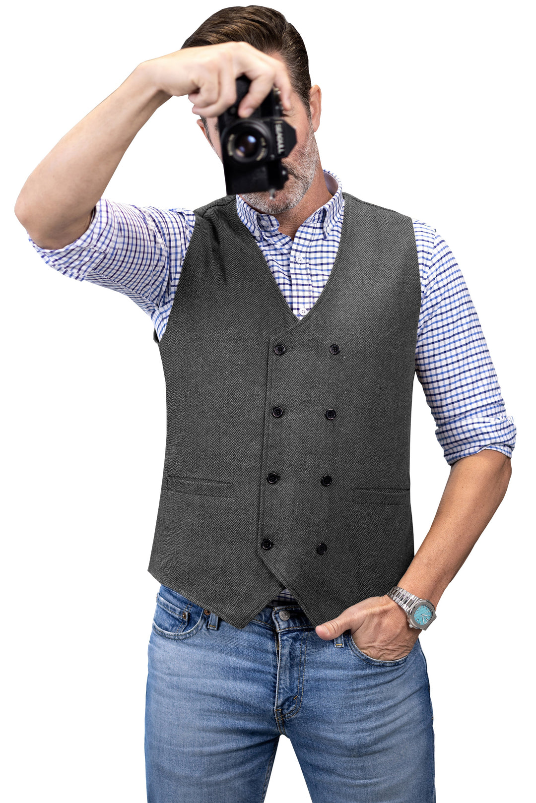 Casual Mens Classic Slim Fit Tweed Herringbone V Neck Waistcoat mens event wear