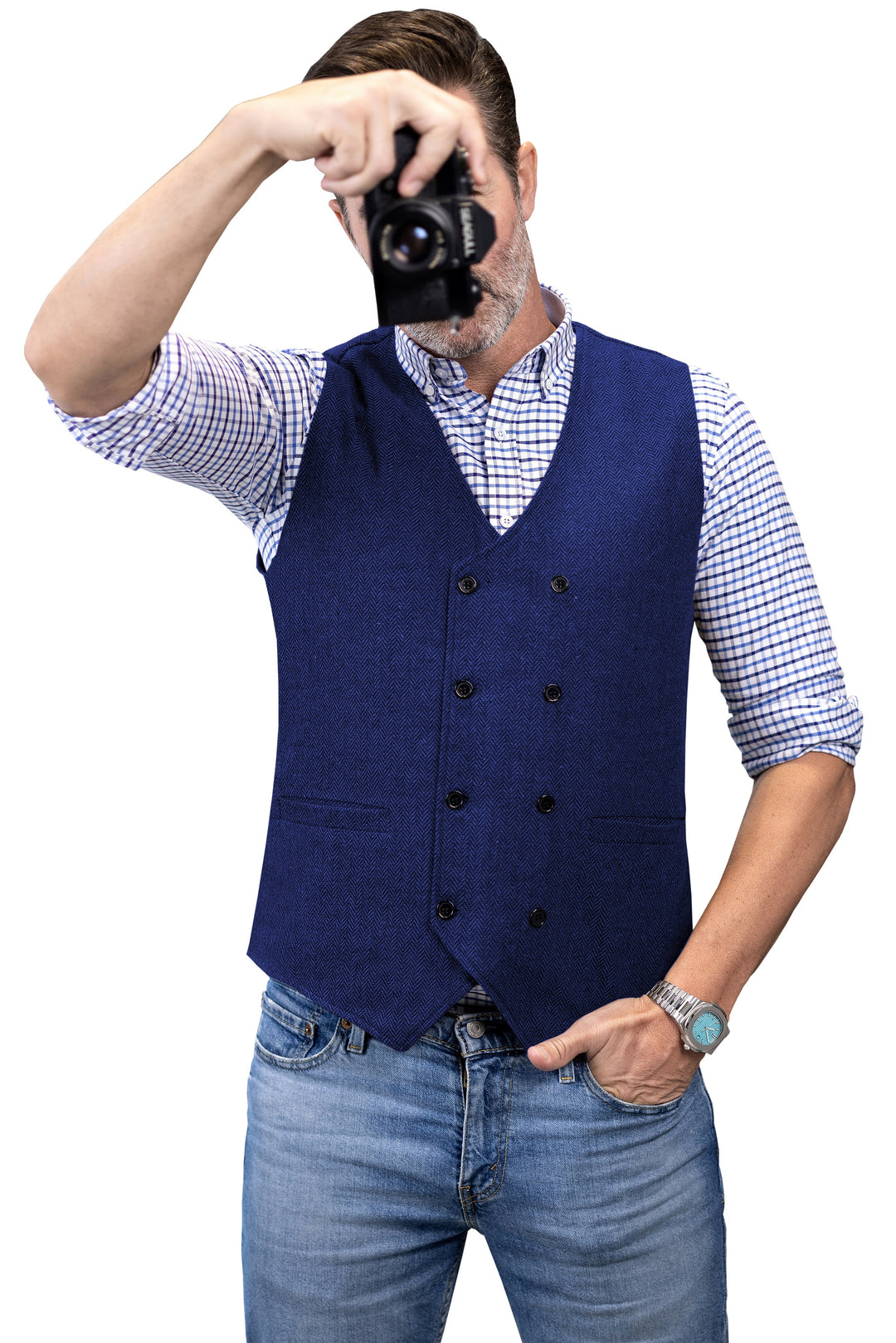 Casual Mens Classic Slim Fit Tweed Herringbone V Neck Waistcoat mens event wear