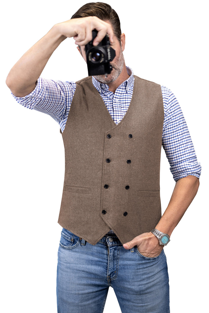 Casual Mens Classic Slim Fit Tweed Herringbone V Neck Waistcoat mens event wear