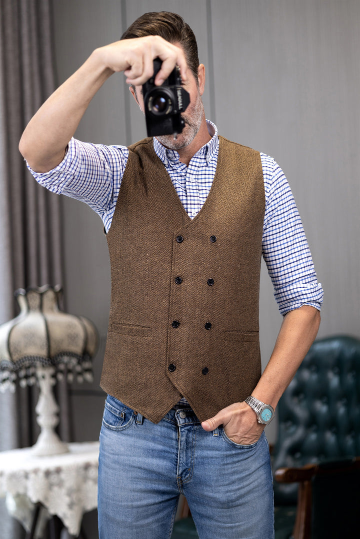 Casual Mens Classic Slim Fit Tweed Herringbone V Neck Waistcoat mens event wear