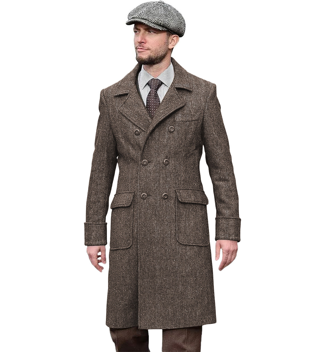 Casual Trench Coat Men Double Breasted Notch Collar Tweed