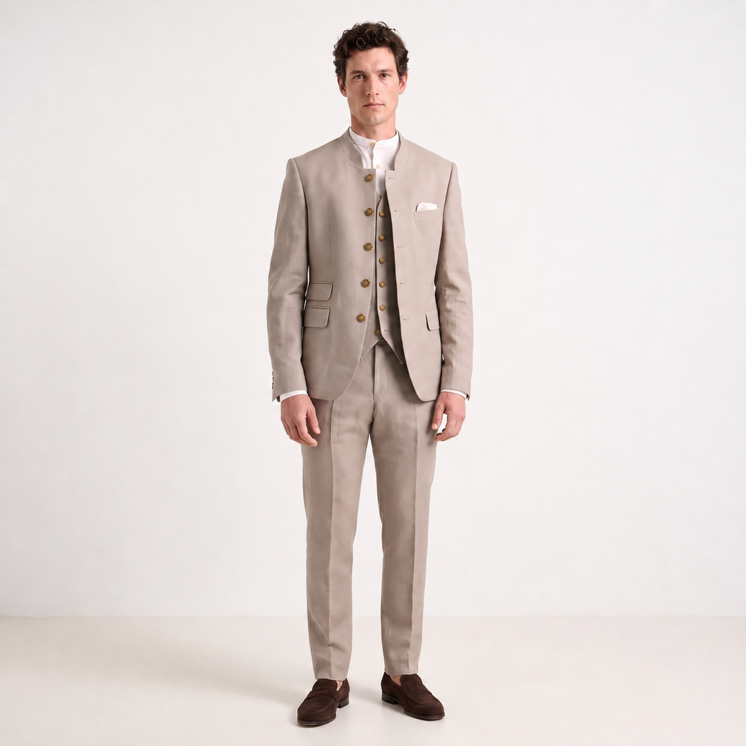 Classic 3 Piece Men's Slim Fit Solid Color Stand Collar Wedding Suit (Blazer+vest+Pants) Mens Event Wear