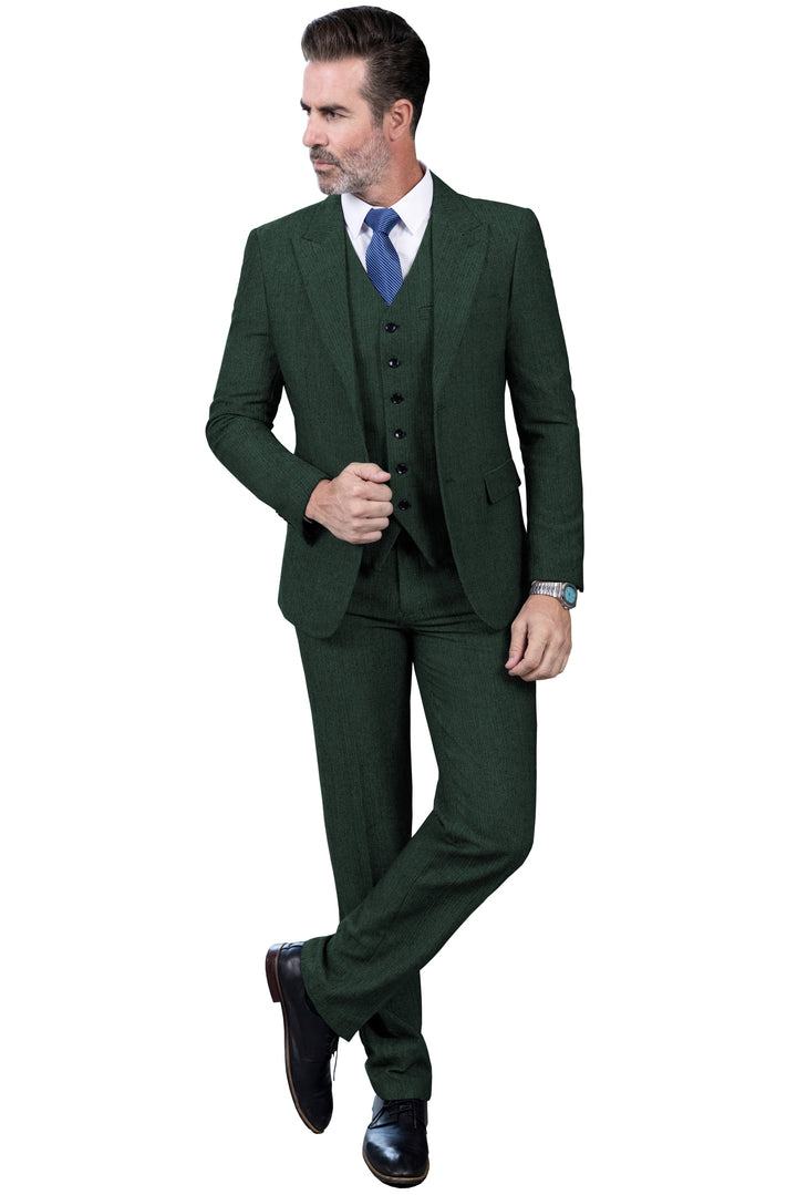 Classic 3 Pieces Mens Suit Herringbone Tweed Peak Lapel Tuxedos (Blazer+vest+Pants) mens event wear