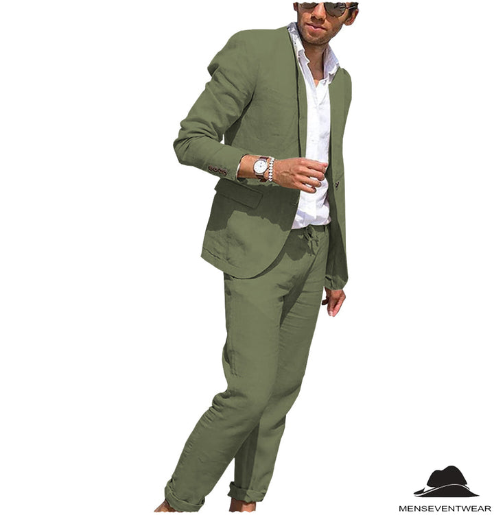 Fashion 2 Pieces Mens Suit Flat Linen Notch Lapel Suit (Blazer + Pants) mens event wear