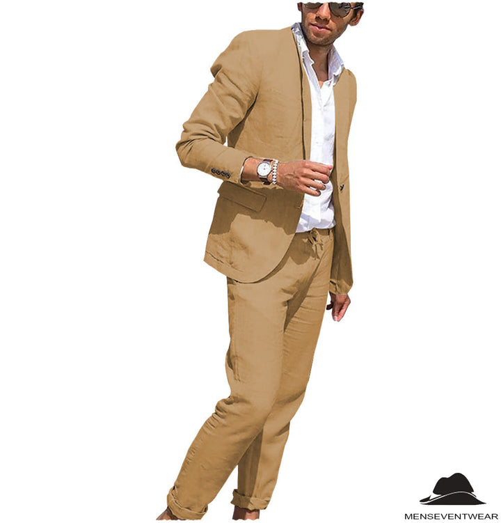 Fashion 2 Pieces Mens Suit Flat Linen Notch Lapel Suit (Blazer + Pants) mens event wear