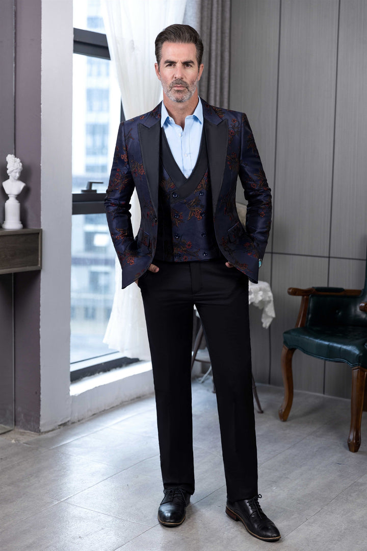 Fashion 3 Pieces Mens Patterned Suit Flat Peak Lapel Tuxedos（Blazer+Vest+Pants） mens event wear