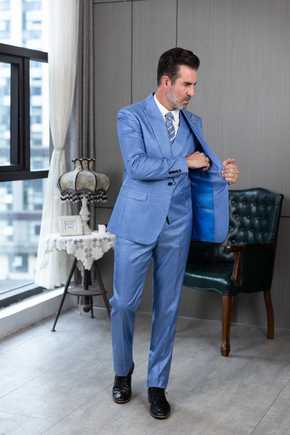 Fashion 3 Pieces Peak Lapel Men's Linen Suit (Blazer+Vest+Pants) mens event wear