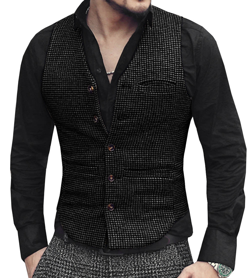 Fashion Casual Men's Slim Fit Tweed Houndstooth V Neck Waistcoat Adam Reed