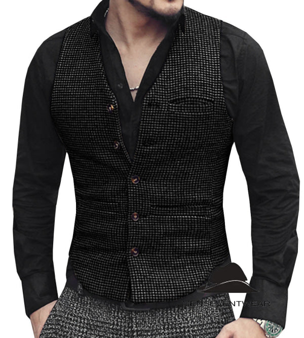 Fashion Casual Men's Slim Fit Tweed Houndstooth V Neck Waistcoat Adam Reed