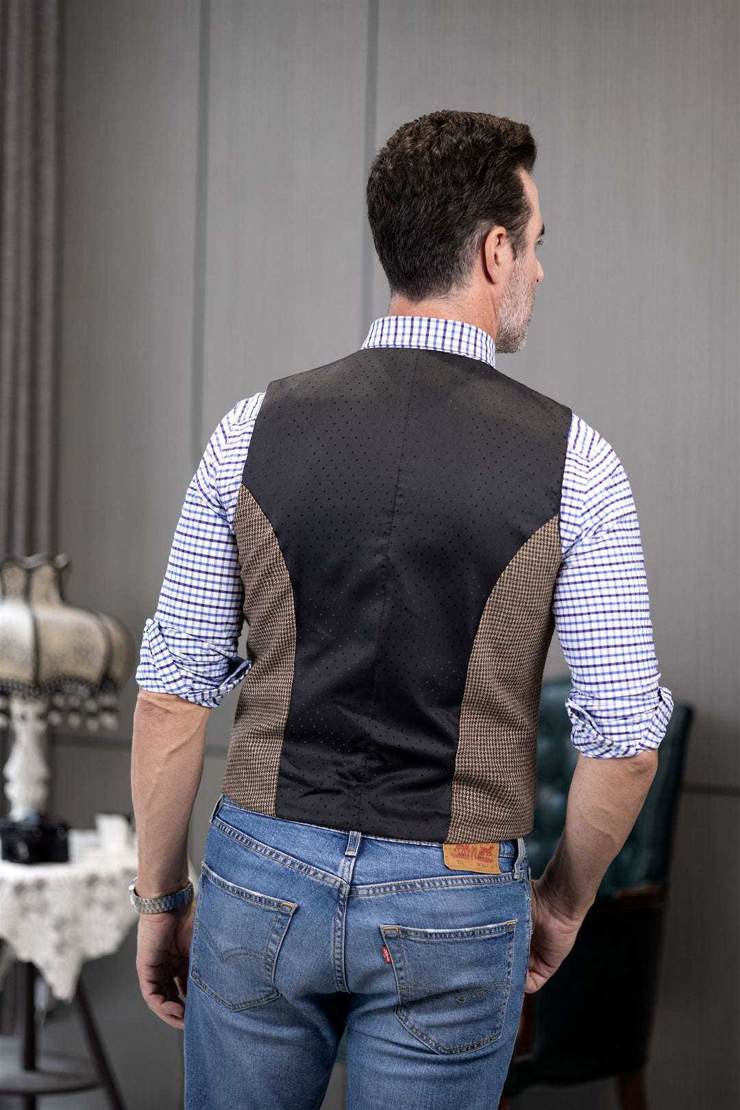 Fashion Casual Men's Slim Fit Tweed Houndstooth V Neck Waistcoat mens event wear