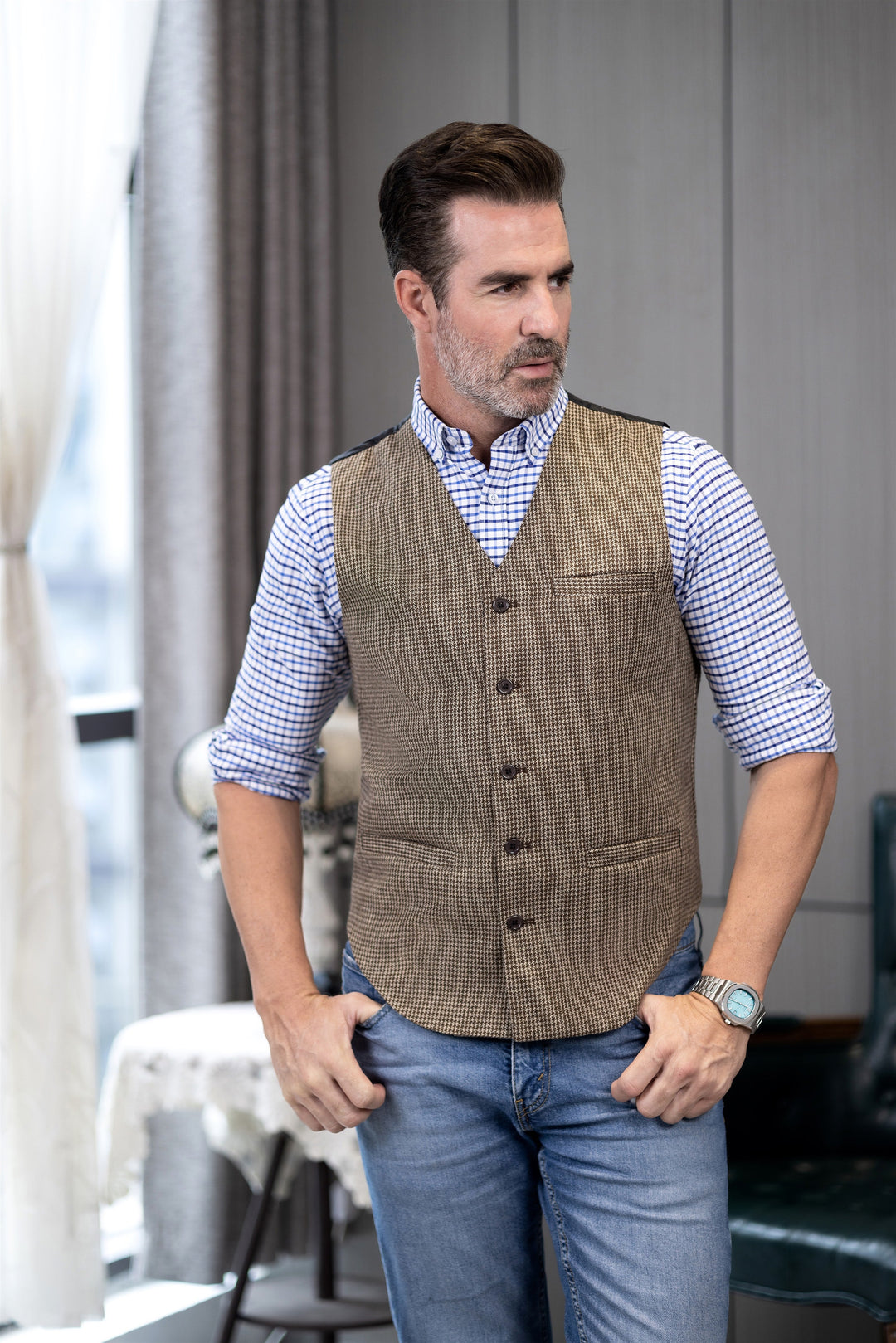 Fashion Casual Men's Slim Fit Tweed Houndstooth V Neck Waistcoat mens event wear