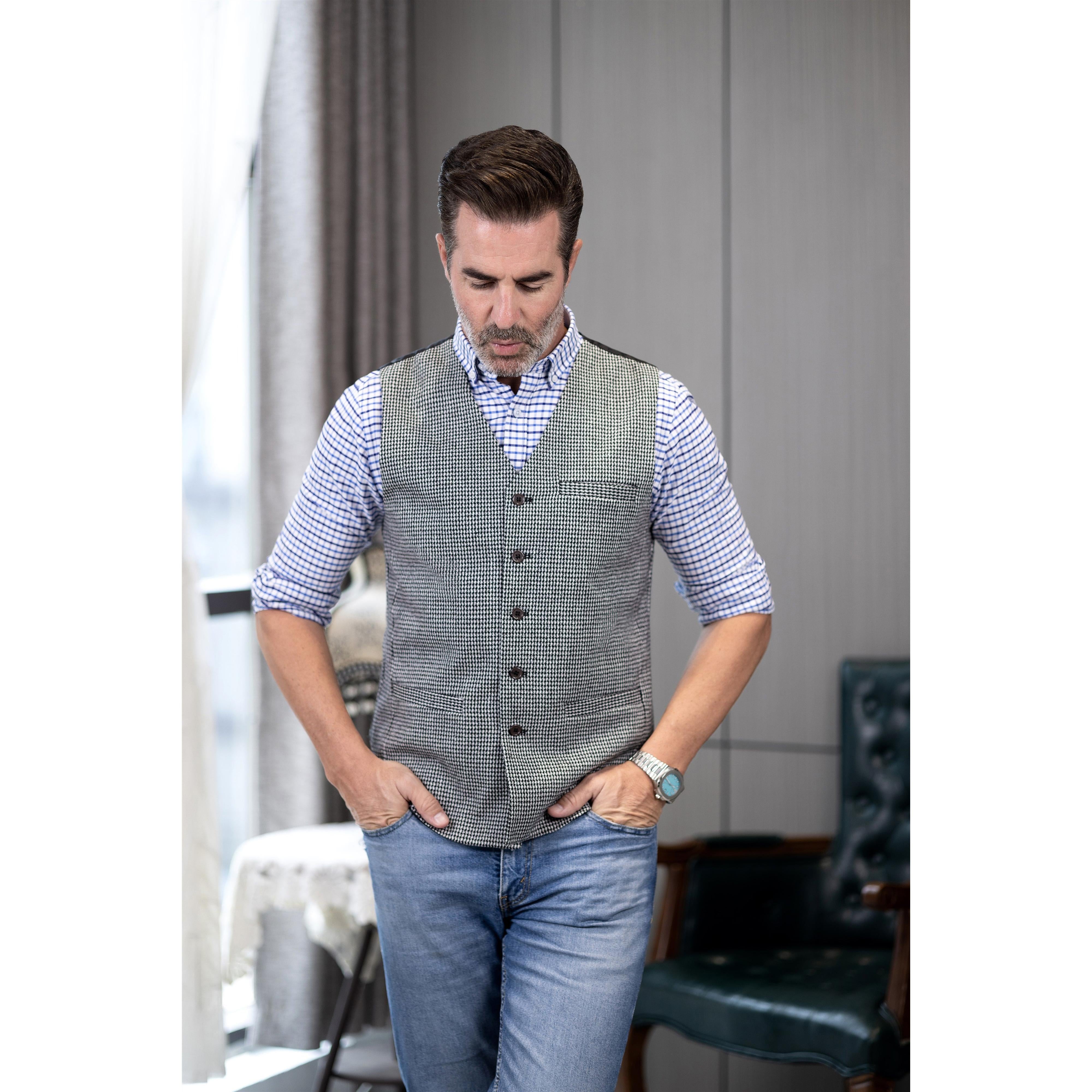 Fashion Casual Men's Slim Fit Tweed Houndstooth V Neck Waistcoat