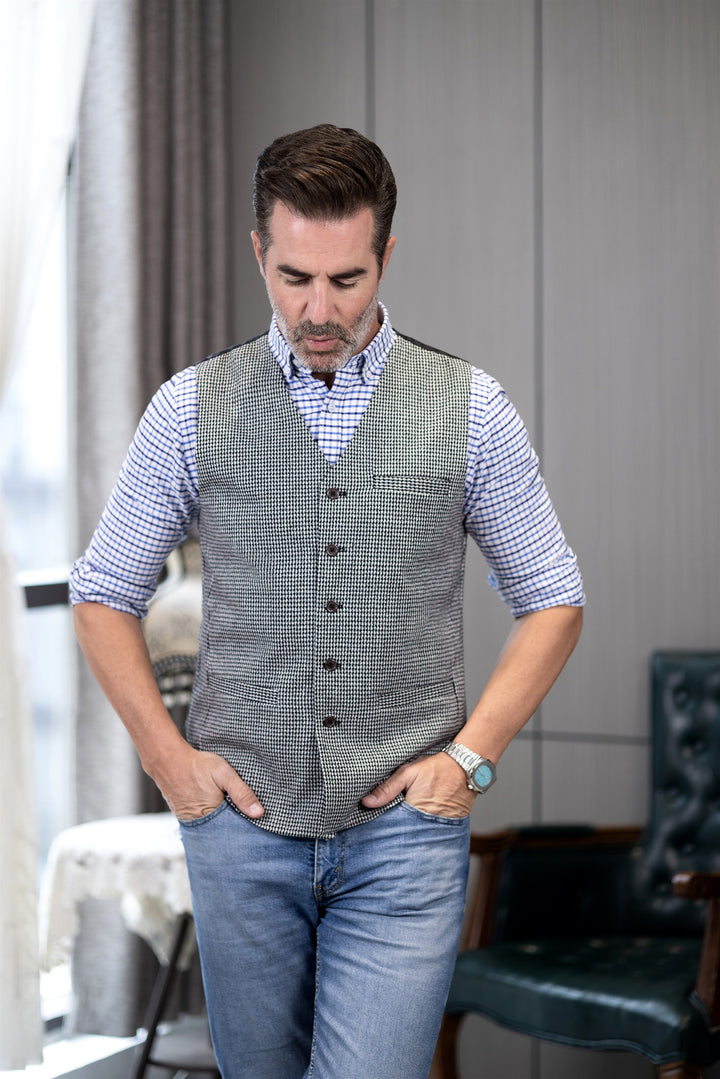 Fashion Casual Men's Slim Fit Tweed Houndstooth V Neck Waistcoat mens event wear